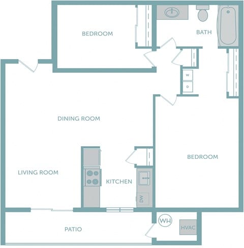 Floor plan for 2 beds, 1 bath, 947 sqft